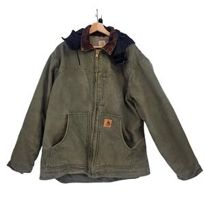 Carhartt Y2K Jacket Mens XL Army Green Duck Canvas C61 ARG Sherpa Hood Vintage